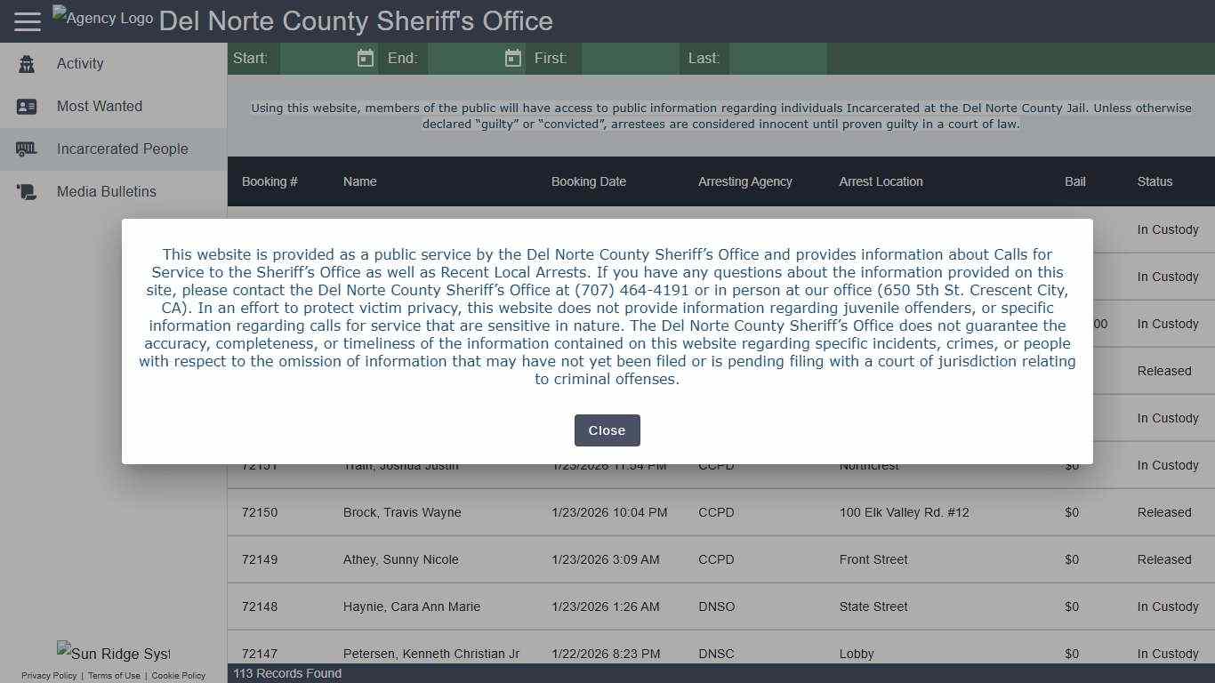 Del Norte County Sheriff's Office - Incarcerated People